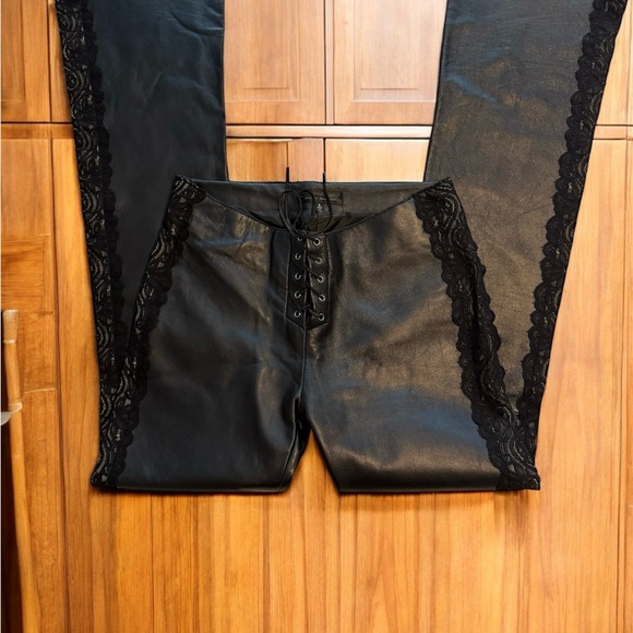 Y2K Genuine Leather Lace-Up Pants w/ Black Lace Trim Flare - Picture 1 of 5